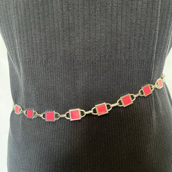 Y2K NY Pink Enamel Link Silver Chain Womens Belt Sz S 31" Adj Festival  Coquette - Picture 5 of 11